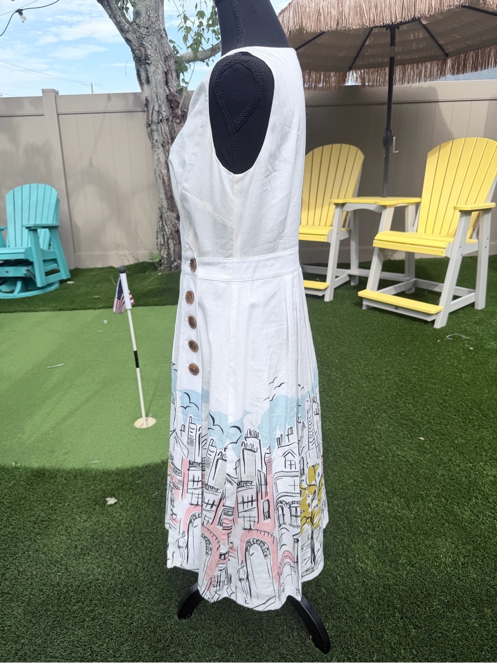 Boden Arwen Sleeveless Wrap Midi Dress with Cityscape Print - petite friendly - Picture 5 of 11